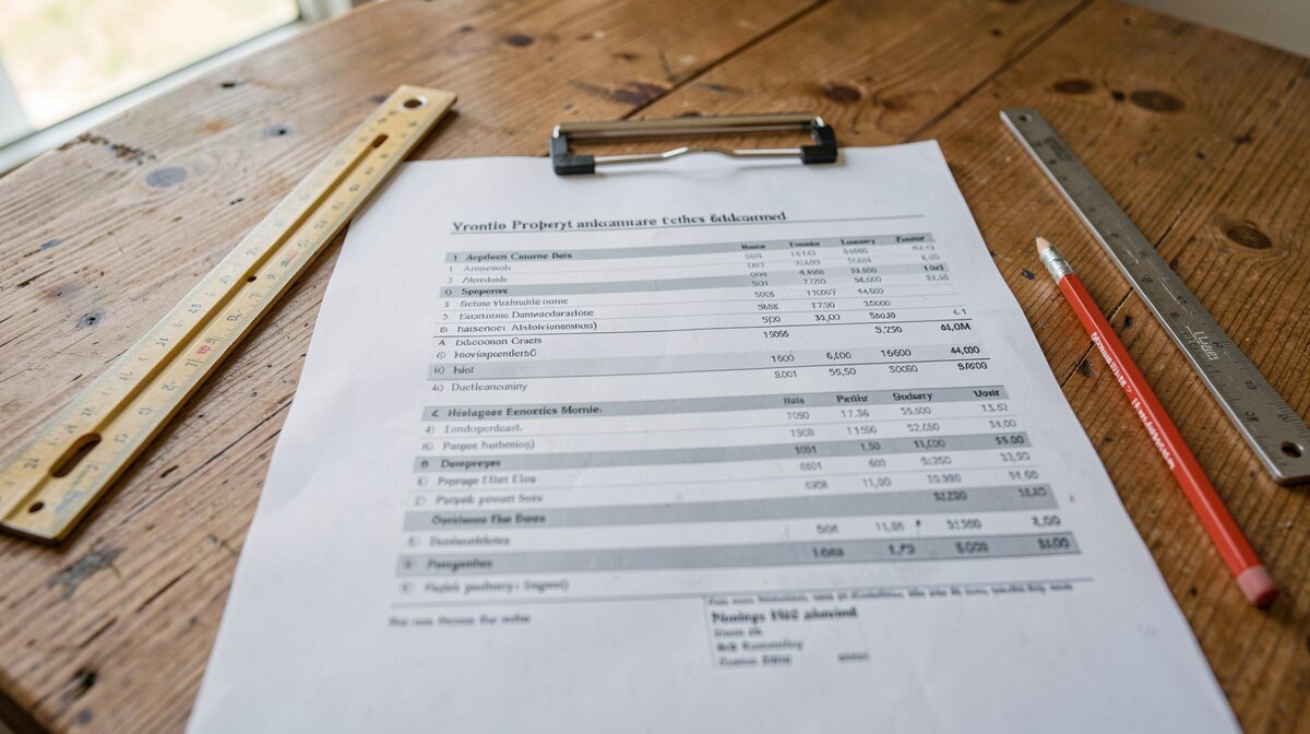 Et rundstykket papir med en boligannonce ligger på et træbord ved siden af en tommestok og en blyant, dagslys fra et vindue, tæt beskæring ovenfra.